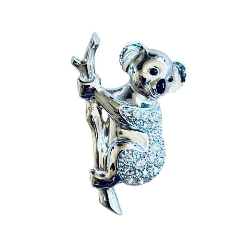 Swarovski Koala Pin Brooch Swan Signed Pave Crystal Rhinestone Silver Figural